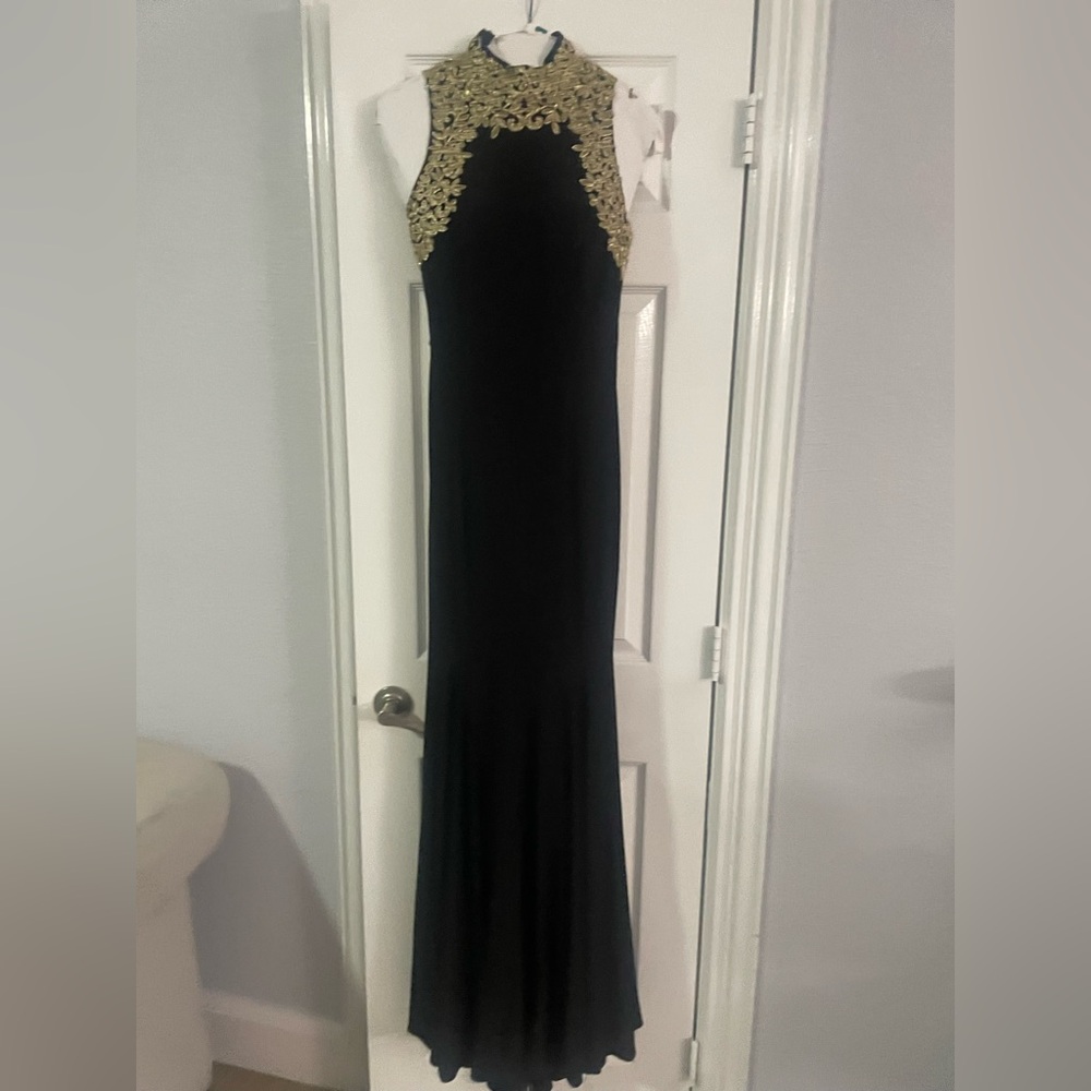 Betsy & Adam Black Elegant Formal Dress with Gold Embellishments